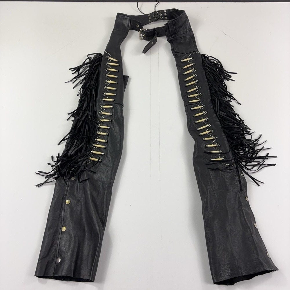 Sunriders Pants Mens M Black Leather Fringe Beaded Studded Biker Western Chaps